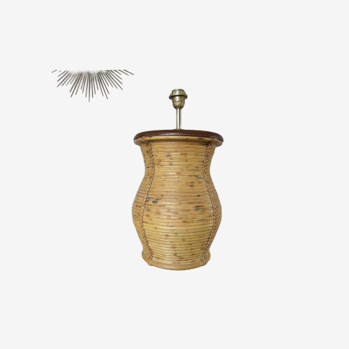 TRES GRAND PIED DE LAMPE EN ROTIN, CUIR ET CORDE XXL ANNEES 60 70 VINTAGE 