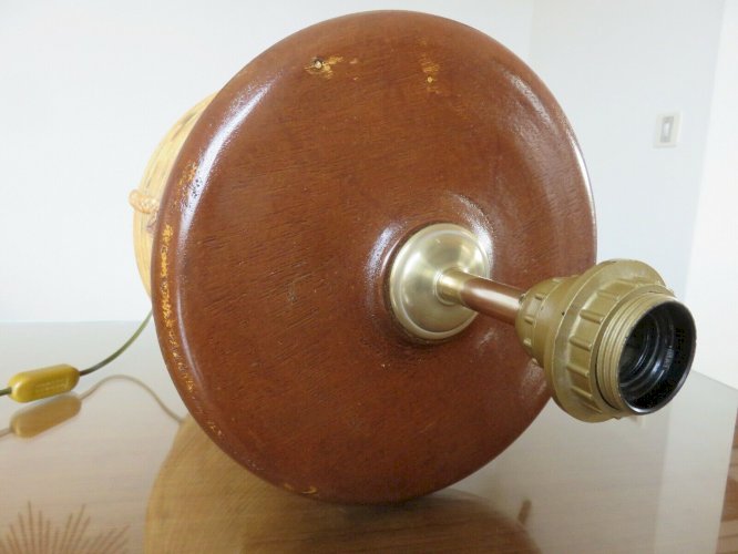 TRES GRAND PIED DE LAMPE EN ROTIN, CUIR ET CORDE XXL ANNEES 60 70 VINTAGE 