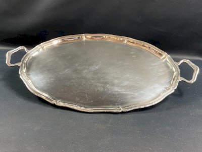 Very large silver-plated service tray with handles in the Louis XV style.