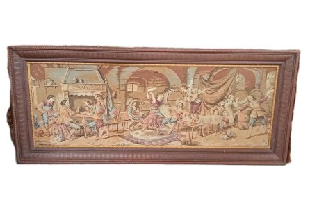 Très Grande tapisserie Encadrée  Ancienne Scène Médiévale Moyen Âge Déco Château