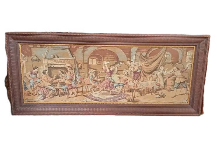 Très Grande tapisserie Encadrée  Ancienne Scène Médiévale Moyen Âge Déco Château