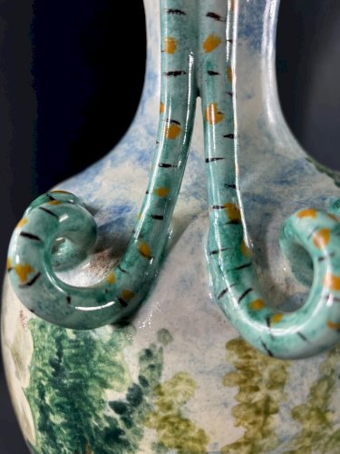 Très imposant vase XIXe faïence italienne Majolique Urbino décor Grèce antique