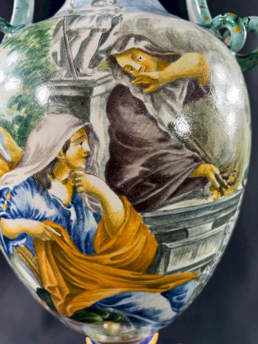 Très imposant vase XIXe faïence italienne Majolique Urbino décor Grèce antique