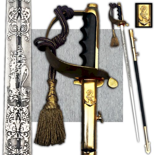 TRES RARE SABRE ITALIEN AÉRO-NAVAL LAME GRAVÉE WW1-2 XX ORIGINAL