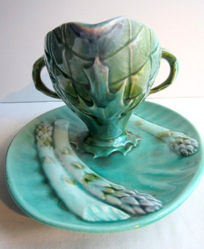Très rare saucière Majolique Lunéville Keller & Guérin: Asperges et Artichauts