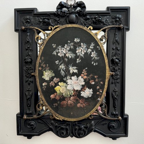 Triptyque en ébonite Napoléon III formant miroir bouquet central peint M3526