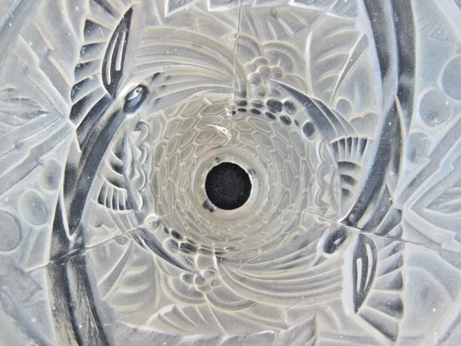 Tulipe de lampe Art Déco, pâte de verre incolore, 2 oiseaux en relief