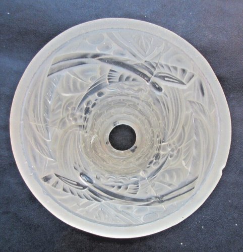 Tulipe de lampe Art Déco, pâte de verre incolore, 2 oiseaux en relief