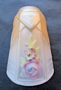 Art Deco lamp shade, tinted glass, draped, sculpted with colorful flowers