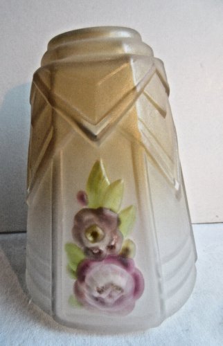 Tulipe de lampe Art Déco, verre teinté, drapé, sculpté de fleurs colorées