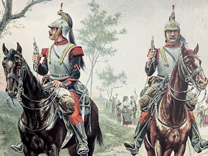 Typogravure Goupil fin XIXe d'après P. Jazet 1891 Militaria patrouille cavalerie