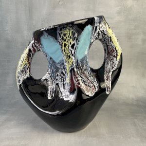 VALLAURIS Large double-handled vase with drips in blue, yellow, red, and white tones.