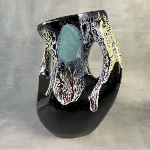 VALLAURIS Grand vase double anse avec coulures tons bleu jaune rouge blanc