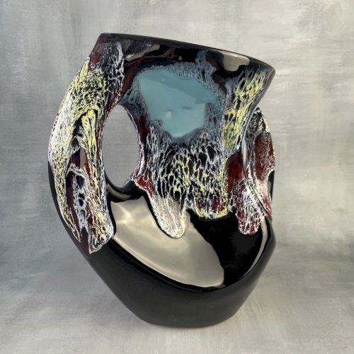 VALLAURIS Grand vase double anse avec coulures tons bleu jaune rouge blanc