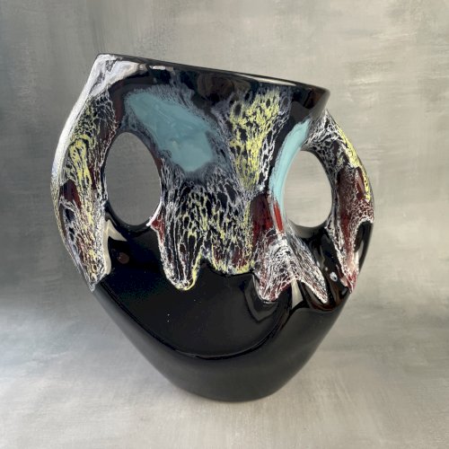 VALLAURIS Grand vase double anse avec coulures tons bleu jaune rouge blanc