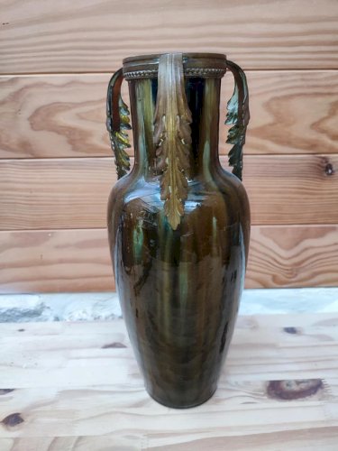 vase à coulure style jerome massier ou travail belge à anses en bronze  bon etat