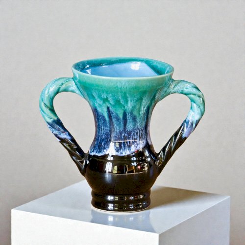 Vase amphore ancien en grès émaillé flammé turquoise