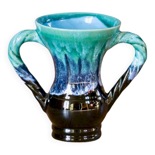 Vase amphore ancien en grès émaillé flammé turquoise