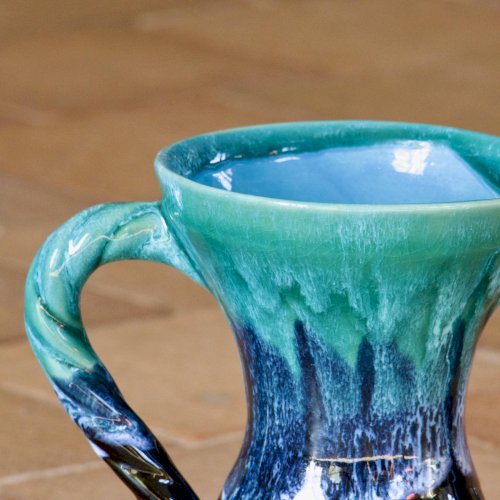 Vase amphore ancien en grès émaillé flammé turquoise