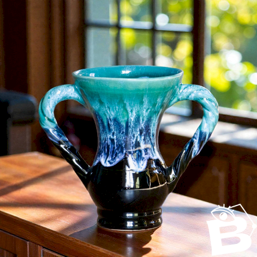 Vase amphore ancien en grès émaillé flammé turquoise