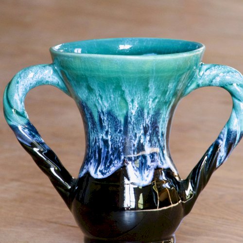 Vase amphore ancien en grès émaillé flammé turquoise