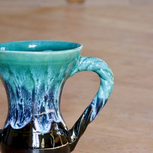 Vase amphore ancien en grès émaillé flammé turquoise