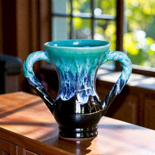 Vase amphore ancien en grès émaillé flammé turquoise