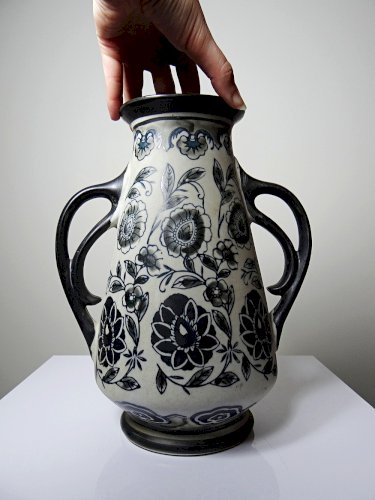 Vase ancien Art Déco 1920-40 en grès fin, style Art Nouveau & chinoiserie, décor