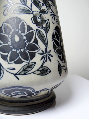 Vase ancien Art Déco 1920-40 en grès fin, style Art Nouveau & chinoiserie, décor