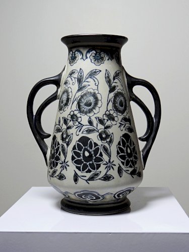 Vase ancien Art Déco 1920-40 en grès fin, style Art Nouveau & chinoiserie, décor