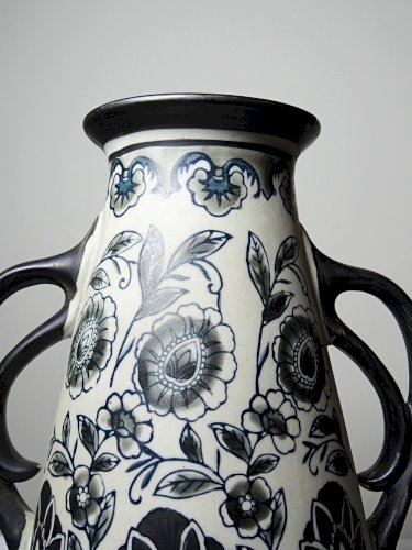 Vase ancien Art Déco 1920-40 en grès fin, style Art Nouveau & chinoiserie, décor