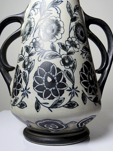 Vase ancien Art Déco 1920-40 en grès fin, style Art Nouveau & chinoiserie, décor