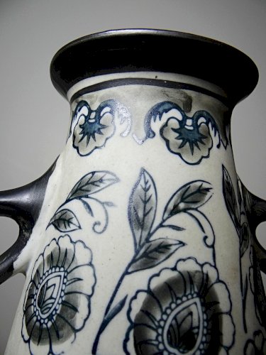 Vase ancien Art Déco 1920-40 en grès fin, style Art Nouveau & chinoiserie, décor