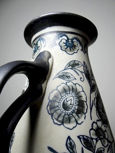 Vase ancien Art Déco 1920-40 en grès fin, style Art Nouveau & chinoiserie, décor