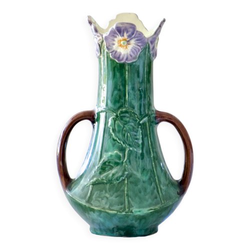 Vase ancien Art Nouveau XIXe en barbotine fleurs de Pensées