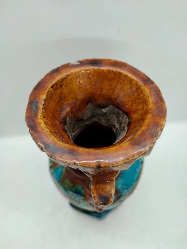 Vase ancien chinois en céramique émaillée turquoise epoque dynastie Ming (1368-1644) en bon etat