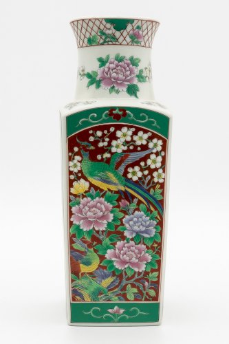 Vase ancien chinois en porcelaine Famille Verte – Oiseaux et pivoines – XIXe siè