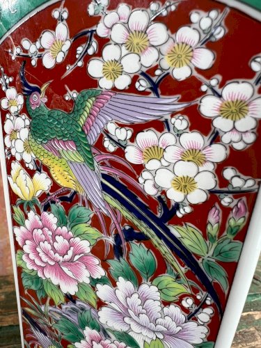 Vase ancien chinois en porcelaine Famille Verte – Oiseaux et pivoines – XIXe siè