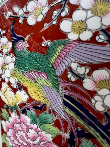 Vase ancien chinois en porcelaine Famille Verte – Oiseaux et pivoines – XIXe siè