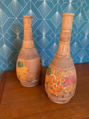 Vase ancien en terre cuite émaillée, école Italienne Romacréa, 1950. La paire.