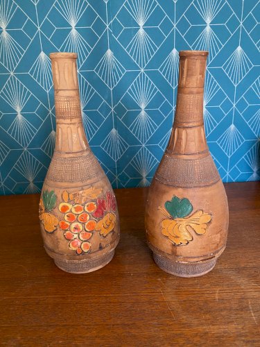 Vase ancien en terre cuite émaillée, école Italienne Romacréa, 1950. La paire.