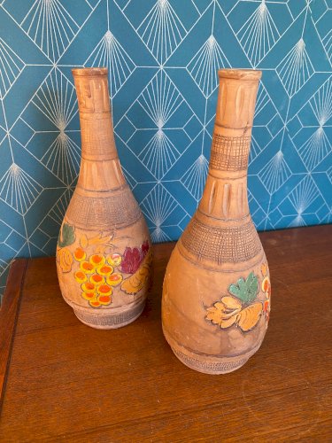 Vase ancien en terre cuite émaillée, école Italienne Romacréa, 1950. La paire.
