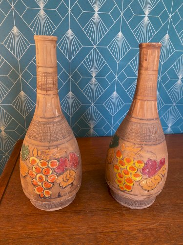 Vase ancien en terre cuite émaillée, école Italienne Romacréa, 1950. La paire.
