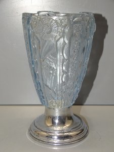 ART DECO VASE BLUE GLASS Marked DONNA PARIS ALUMINUM BASE DISPLAY COLLECTION D