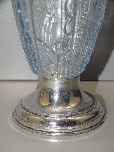 -VASE ART DECO VERRE BLEU Marqué DONNA PARIS PIED ALU COLLECTION VITRINE   D