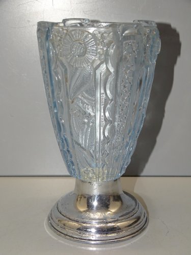 -VASE ART DECO VERRE BLEU Marqué DONNA PARIS PIED ALU COLLECTION VITRINE   D