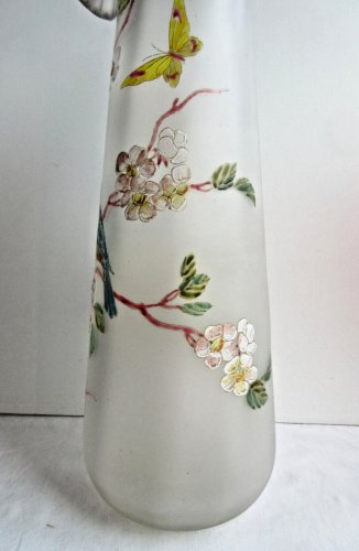 Vase Art Nouveau verre émaillé Legras: Mésanges et Papillons / pommier en fleurs