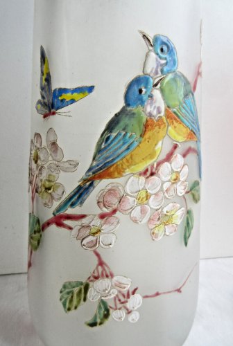 Vase Art Nouveau verre émaillé Legras: Mésanges et Papillons / pommier en fleurs