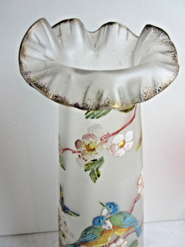 Vase Art Nouveau verre émaillé Legras: Mésanges et Papillons / pommier en fleurs