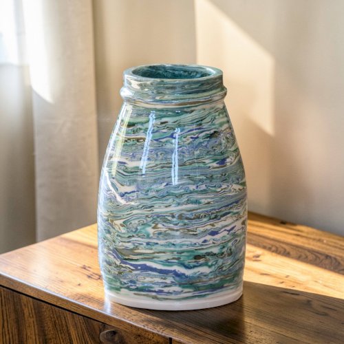 Vase artisanal, pièce unique, terre mêlée turquoise